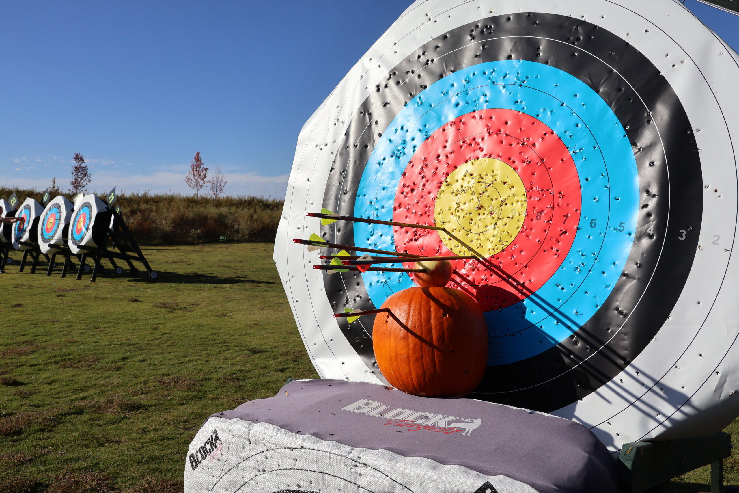 Target on archery range with blue skies behind it and a pumpkin with arrows in it